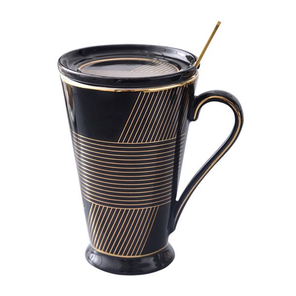 

350ml gold ceramic mug with lid and spoon cartoon milk coffee cup porcelain mugs nice gifts