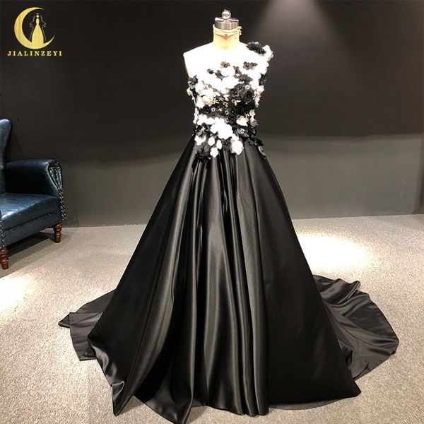 

jialinzeyi rhine одно плечо черного атласа с цветами a-линия вечерних платьев 2020, White;black