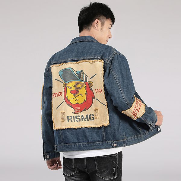 

autumn is harajuku style handsome pattern denim jacket male south korea new retro retro loose casual blue denim jacket men 2019, Black;brown