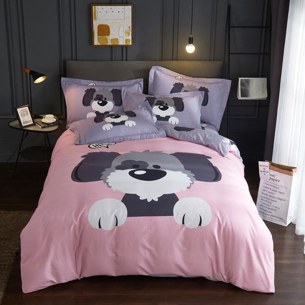 

cartoon poodle bedding set egyptian cotton bed set pink grey sanding duvet cover bed sheet pillowcases  king size