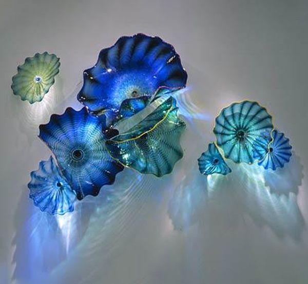

Beautiful Wall Art Sea Blue Color Decoration Artistic Flower Wall Mounted Art Interior Lighting Hand Blown Murano Glass Wall Plates Sconces