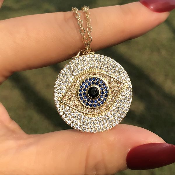 

luxury lucky turkish evil eye pendant necklace for women micro pave full cubic zirconia gold color blue greek eye amulet jewelry, Silver
