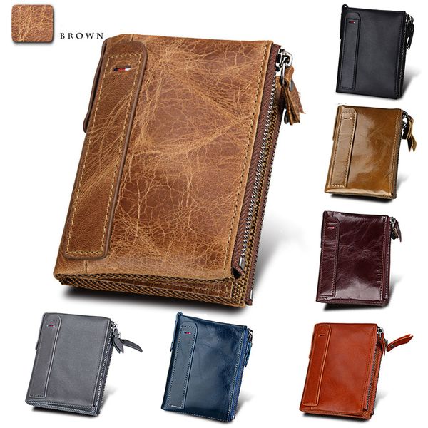 

genuine cowhide leather men wallets double zipper short purse coin pockets anti rfid card holders