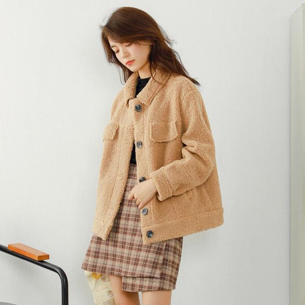

2019 winter korean-style simple hong kong style ins full hair circle fur lambs wool cotton overcoat women's fashion, Blue;black
