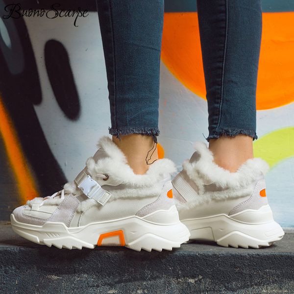 

buono scarpe warm winter fur sneakers genuine leather women casual shoes snow sneakers shoes ladies sports, Black