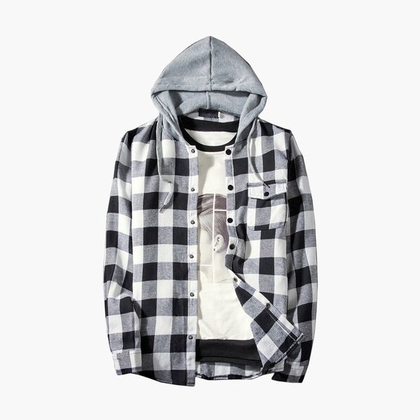 

men shirt long sleeve 2019 black hooded streetwear mens clothing plaid mens shirts casual man fashion 2019 moda masculina, White;black