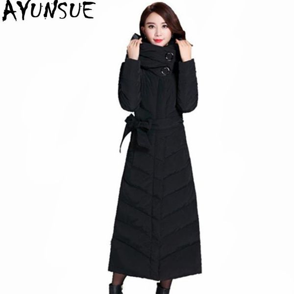 

ayunsue fashion women's down jacket hooded white duck down coat women long parka solid padded jackets casaco de inverno wxf393, Black