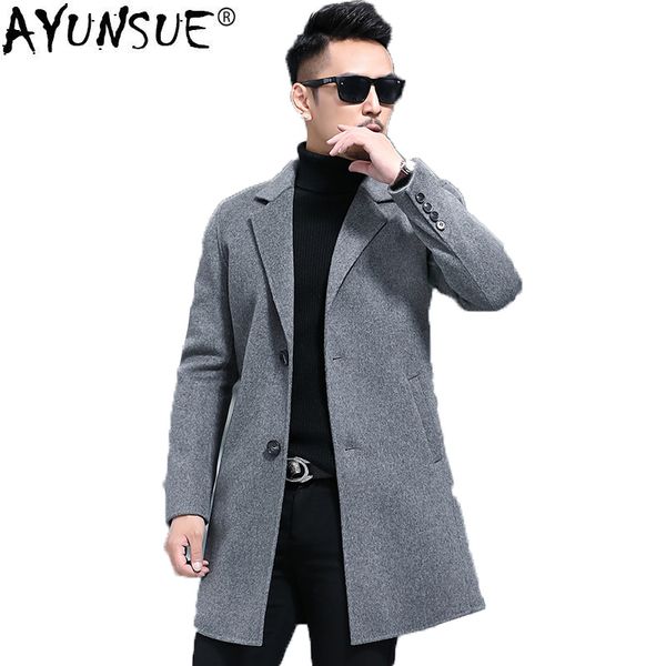 

ayunsue 100% wool coat men double-faced long man jacket spring fall korean mens coats and jackets overcoat abrigo hombre kj1549, Black