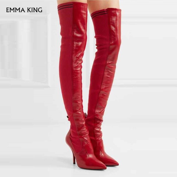 

winter knitting patchwork over the knee boots pointed toe high heels runway thigh high boots women party shoes woman botas mujer, Black