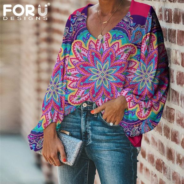 

women's blouses & shirts forudesigns bohemia floral print summer blouse large size long sleeve breathable thin shirt flower v neck, White