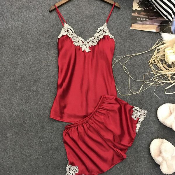

ladies silk satin pajama set lace pajamas set sleeveless pajamas v-neck sleepwear summer home wear sleep wear for women, Red;black