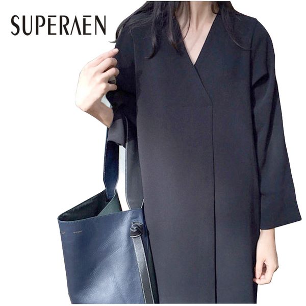 

superaen корейский женщины длинные платья весна новых женщин ретро платье сплошного цвета v-образным вырезом сыпучие длинными рукавами плать, Black;pink