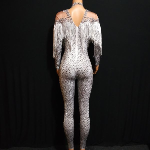 

flashing silver rhinestones nude stretch jumpsuit fringes dance bodysuit performance celebrate stage show costume wear, Black;red