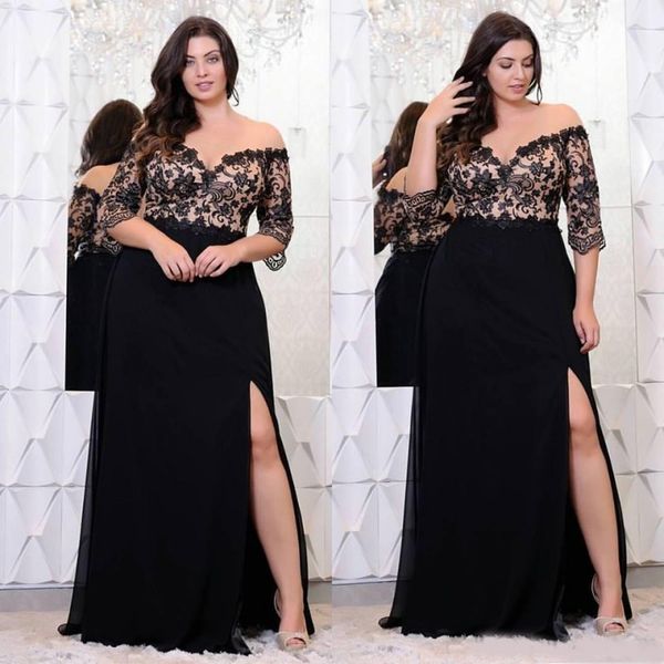 

black lace chiffon plus size prom dresses with half sleeves off the shoulder v-neck split side evening gowns 2020 formal dress