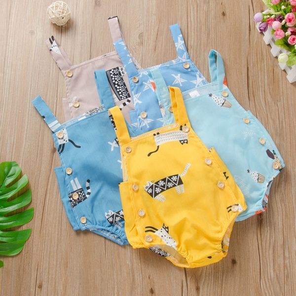 

summer baby sleeveless cotton cartoon print sling rompers, Blue