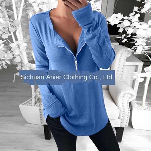 

2020 women's long sleeve v-neck solid color 2020 women's long sleeve t-shirt zipper t-shirt v-neck solid color zipper top, White