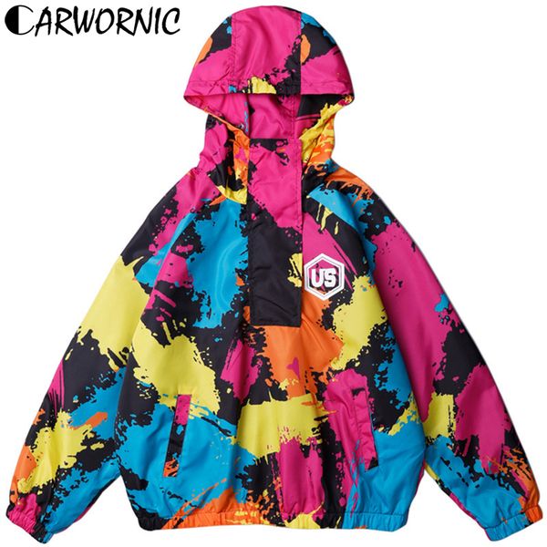 

carwornic graffiti ink color block hoodie hip hop jackets men harajuku retro streetwear jacket autumn pullover windbreaker coats, Black;brown