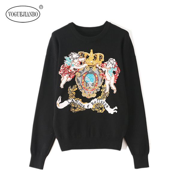 

2019 winter kpop black crown cross embroidery sweater women vestidos vestido blusas coat pull femme hiver ropa pullover top, White;black