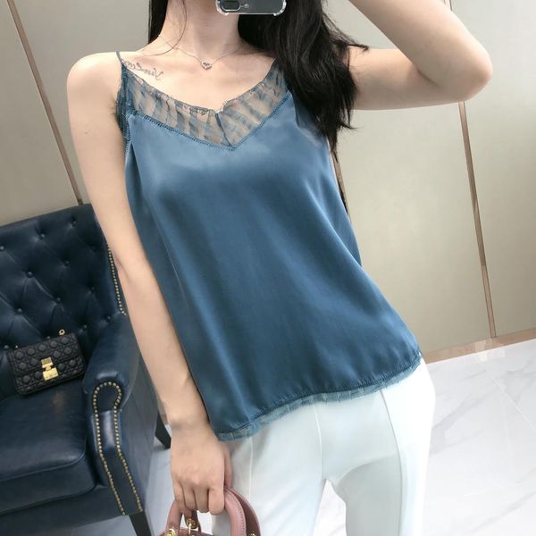 

100% шелк женщин без рукавов кружева топ и майки, White