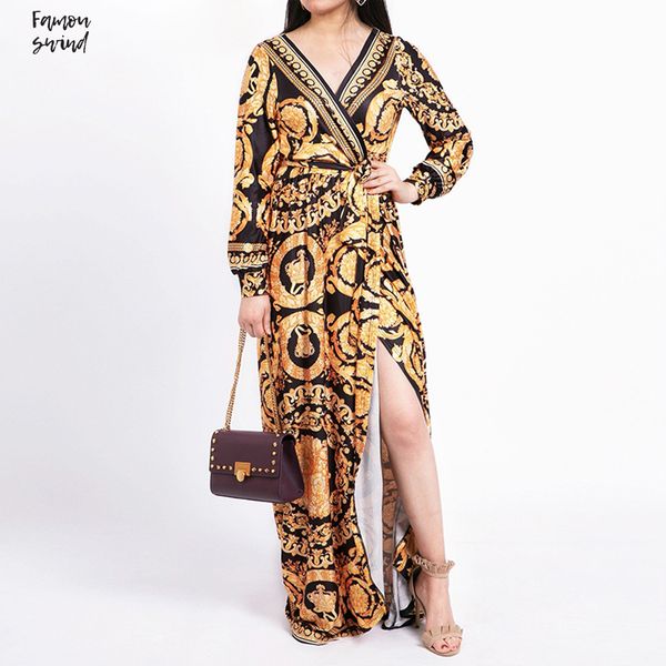 

vintage split sexy club летнее платье элегантный печати maxi платье с длинным рукавом paisley 2019 длинные робы партии boho платье, Black;gray