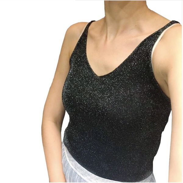 Canottiere lavorate a maglia sexy Canotte in filo d'oro da donna Canotte lunghe con scollo a V con paillettes Canotte lunghe Blusa Camis solidi Maglione fitness beige