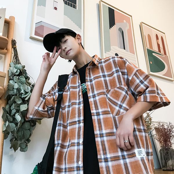 

2019 spring and summer new trend korean version of the couple plaid casual sports men's shirt camiseta masculina fashion best, White;black