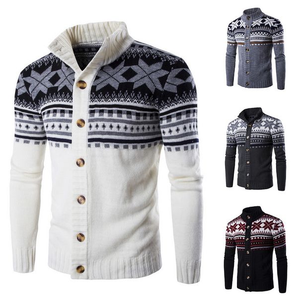 

puimentiua мужская снег печати трикотажное вязаное пальто марка осень мужской повседневный классический одной кнопки теплый кардиган свитер, White;black