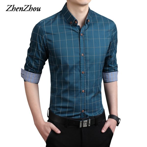 

Zhenzhou Plaid Men Shirts Long Sleeve Slim Fit M -5xl 100 %Cotton Mens Dress Shirts Male Clothes Social Casual Shirt For Men