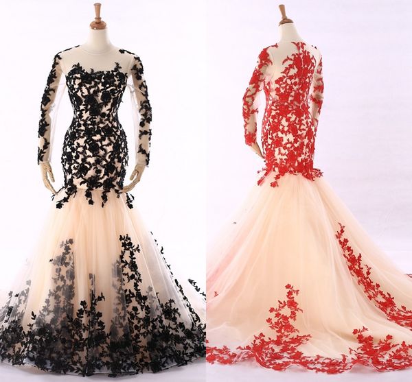 

2019 red black applique mermaid prom dresses illusion long sleeve jewel see though back ruched evening gowns special occasion dress formal