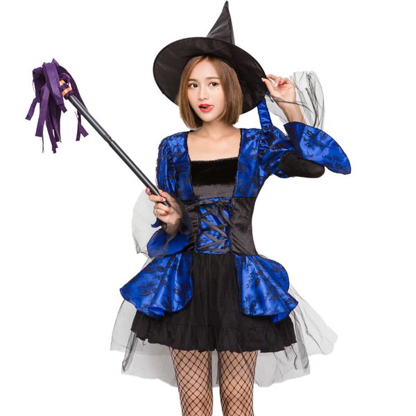 

halloween women costume blue witch woman fancy dresses with hat carnival animation cosplay costumes sorceress clothes, Black;red