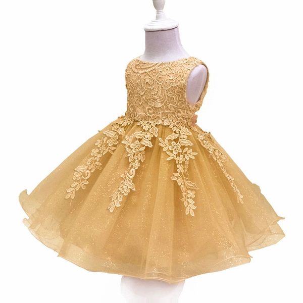

girl dress fleet yarn fashion formal princess dress sleeveless lace bow lace gauze perform party dress 38, Red;yellow