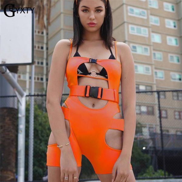 

gbyxty 2019 summer neon color buckle playsuit hollow out skinny biker playsuit women spaghetti strap bodycon jumpsuit za1490, Black;white