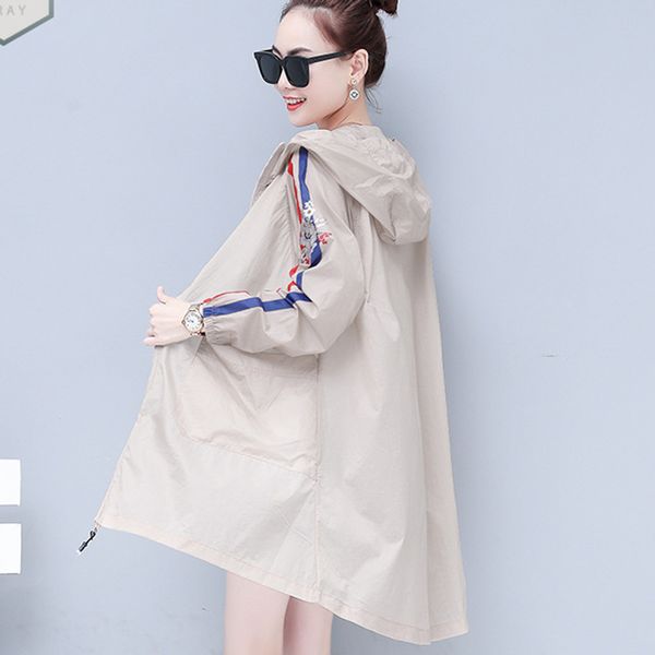 

women long hooded trench coat print thin sunscreen clothing 2019 korean fashion spring summer windbreaker plus size outerwear, Tan;black