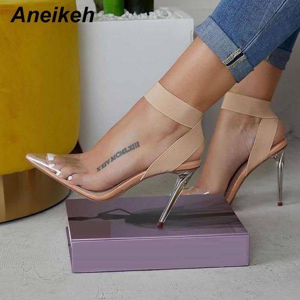 

aneikeh pointed toe transparent women sandals elastic band ankle strap slip on clear party pumps ladies sandals size 41 42, Black