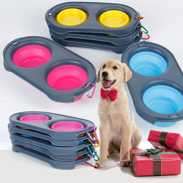 

pet collapsible feeding double bowl silicone travel food water portable outdoor dog cat foldable feeder bowls tc190422 100pcs