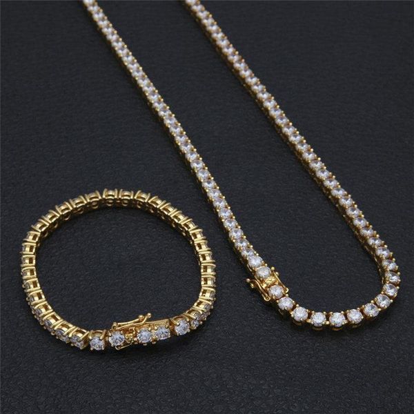 

fashion hip hop bracelets necklaces jewelry sets luxury cz chain bracelet necklace mens gold plated chains set lover gift, Silver