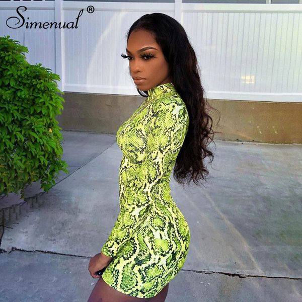 

simenual neon snake print bodycon mini dress women long sleeve 2019 autumn fashion dresses party clubwear female dress, Black;gray