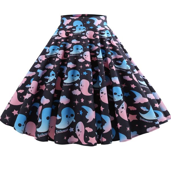 

new summer skirt high waist polyester asymmetrical women casual retro halloween printing evening party skirt swing skirts, Black