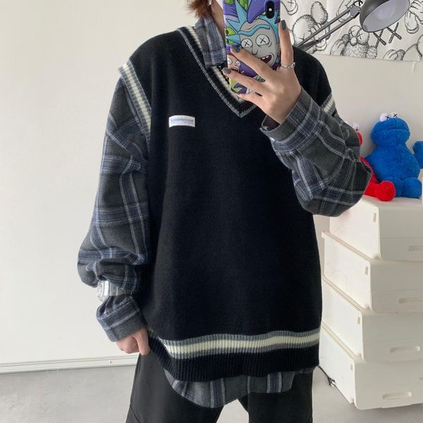 

2021 vest v-neck men pullover sweater korean sleeveless streetwear clothes style new mens sweaters ibfjs, Black