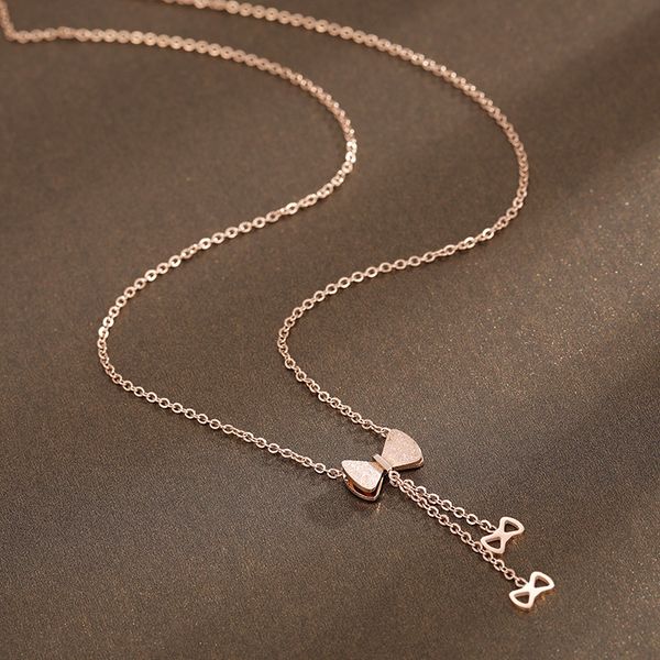 

zoomango titanium steel double-layer bowknot tassel necklaces jewelry office style charm pendant necklace for girls rn02212, Golden;silver