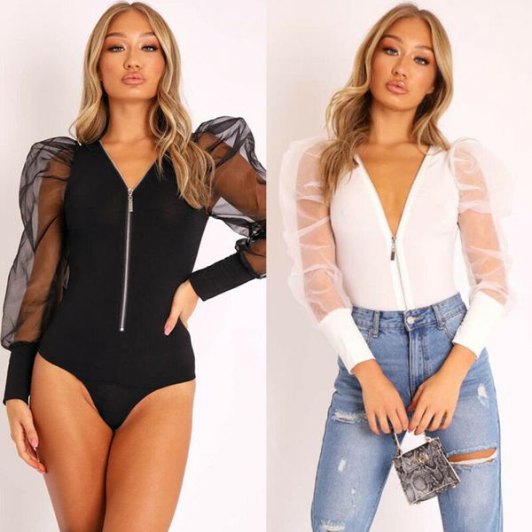 

womens bodysuit mesh sheer see though long sleeve bodycon zipper jumpsuit puff sleeve bodysuit leotard romper playsuit hot, Black;white