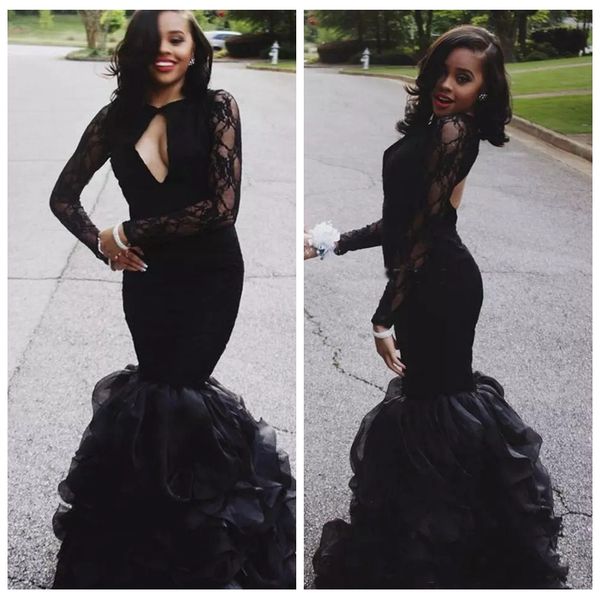 

элегантное черное кружево с длинными рукавами тонкие платья выпускного вечера органза многоуровневое 2019 многоуровневое вечернее платье для, Black