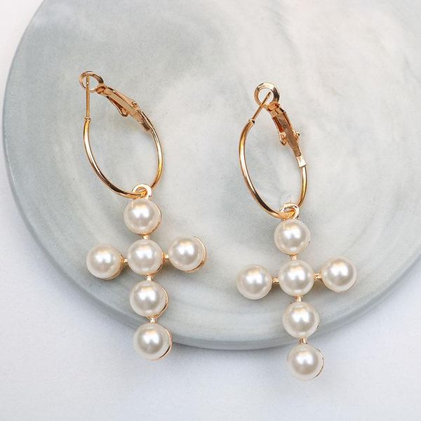 

2020 модельер новый жемчужные крест серьги длинные европейские и американские прочистки диких жемчужные серьги серьги оптовой, Silver