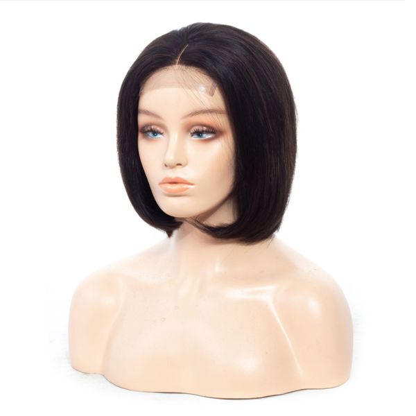 

Short lace front human hair wig brazilian virgin traight 4 4 lace pre plucked natural color 180 den ity bob wig for black women