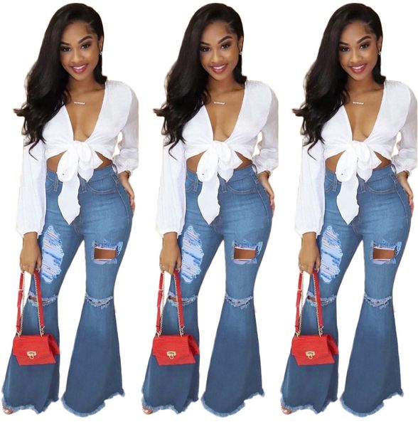 

fashion ladies denim pants women buttons zipper ripped hole bodycon club party casual stretch flare bell bottoms long pants jeans, Blue