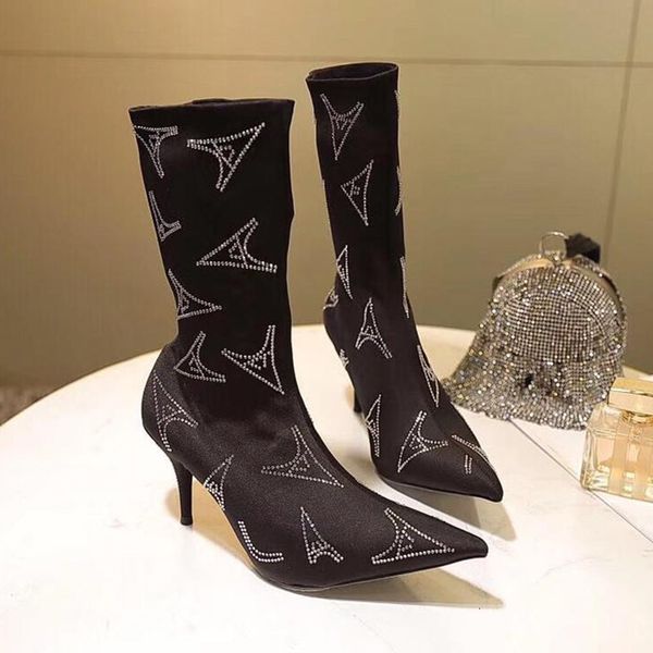 

luxury stretch satin ankle boots women black martin pointed toes boots crystal knife booties womens dress shoes designer high heel 8cm