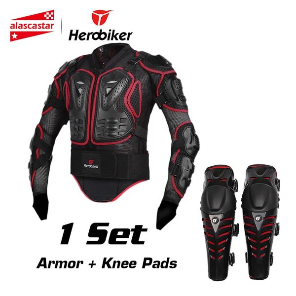 

herobiker motorcycle riding armor jacket + knee pads motocross off-road enduro atv racing body protective gear protector set, Black;blue