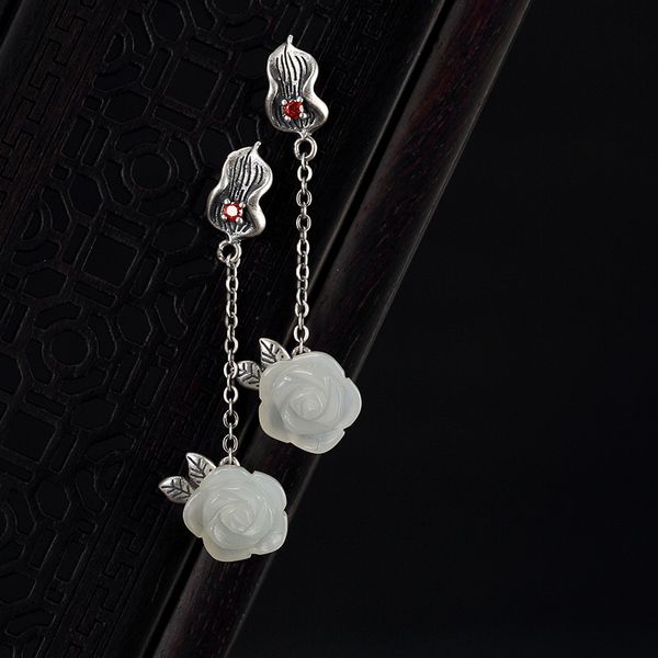 

earings fashion jewelry plant jasper 2018 new 100% 925 pure natural hetian jade inlaid rose leaves earrings wholesale, Golden;silver