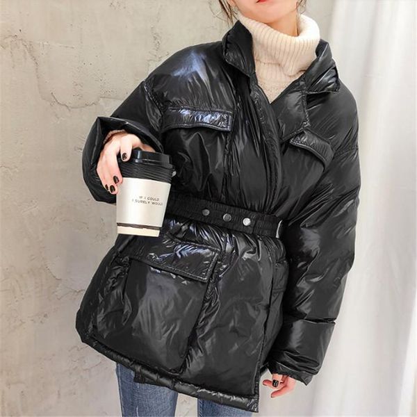 

women's down & parkas 2021 women lapel uniform winter casual slim jacket female belt outwear, Black