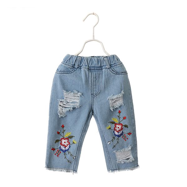 

Children Ripped Jeans Girls Summer Embroidery Kids Elastic Waist Holes Denim Pants Fashion Baby Casual Trousers, Blue